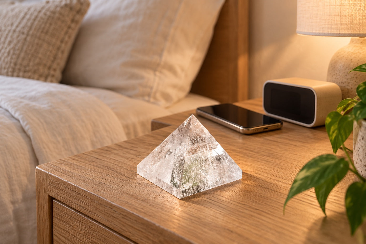 Omnivedic Crystal Quartz pyramid beside a phone and alarm clock