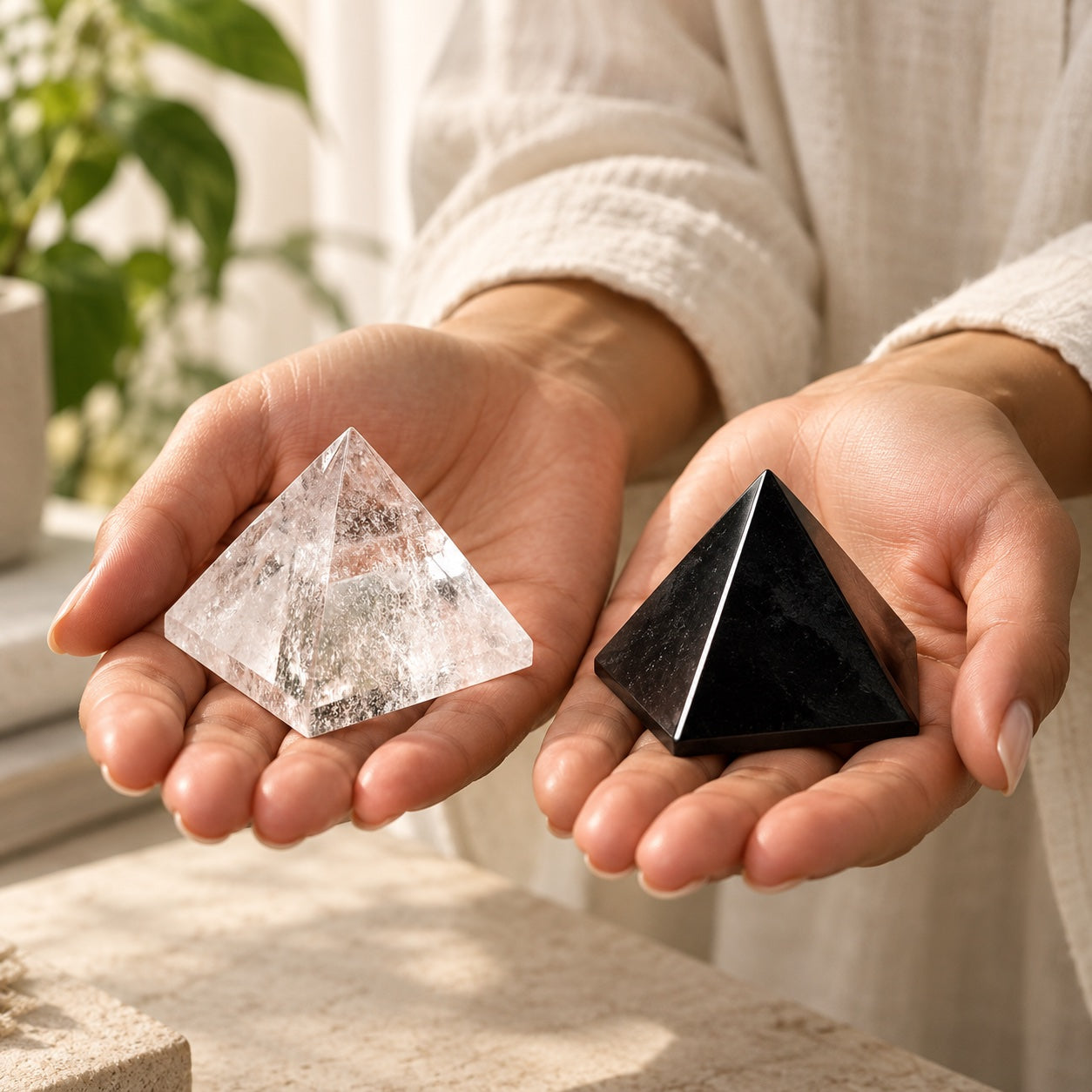 Crystal Quartz and Shungite Obsidian Omnivedic pyramids held in open palms