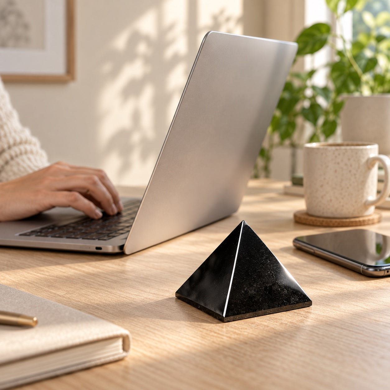Omnivedic Shungite Obsidian pyramid beside a laptop and smartphone